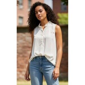 J.Crew I00% Silk Ruffle Neck Pearl Button Blouse Sleeveless Cream Size 0